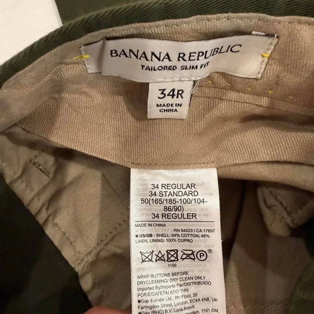 Banana Republic Men's Olive Green Tailored Slim Fit Trousers, Size 34R